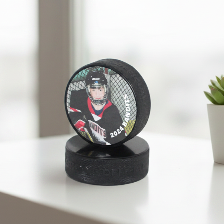 Custom Hockey Dad Gift: Hockey Puck Photo Display, Personalized Photos