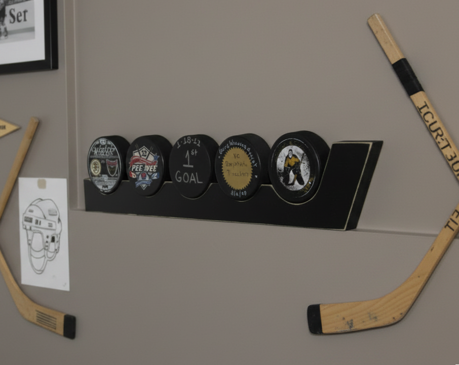Hockey Mini Stick Display: Stick with Hooks, Hat, Keys, Coat Rack, Medals & Ribbons Display