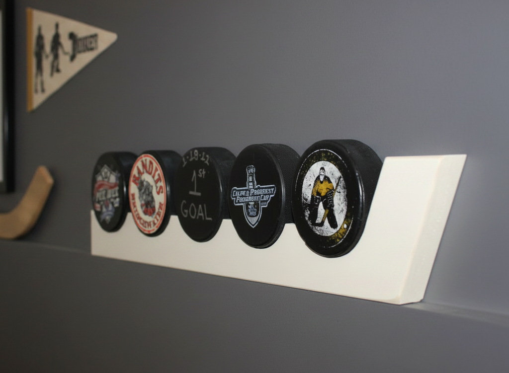 Hockey Puck Display Rack: Wood Shelf, Hockey Room Decor
