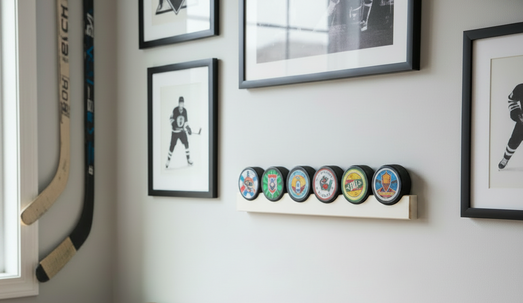 Hockey Puck Display Rack: Wood Shelf, Hockey Room Decor
