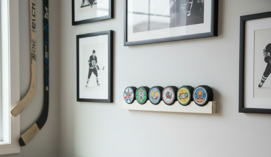 Hockey Puck Display: Wood Hockey Stick, Holds 5 Pucks