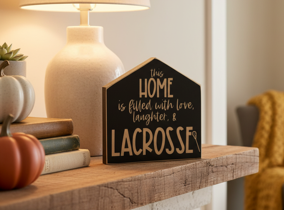 A house-shaped decorative sign with the phrase 'This home is filled with love, laughter, & lacrosse' in engraved lettering on a dark background, styled on a wooden mantel next to a lamp and pumpkins.