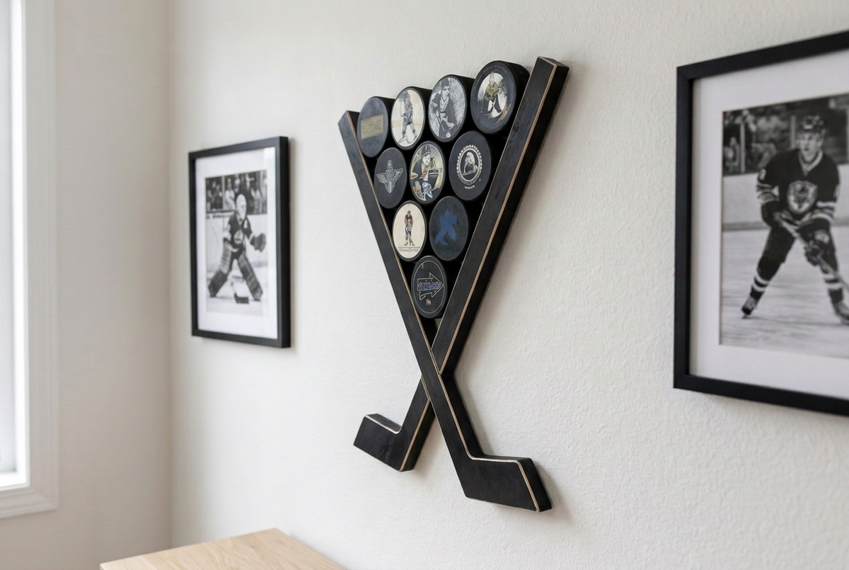 Hockey Puck Display Rack, Crossed Hockey Stick Wall Decor, Hockey Player, Fan, Mom, Dad, Gift