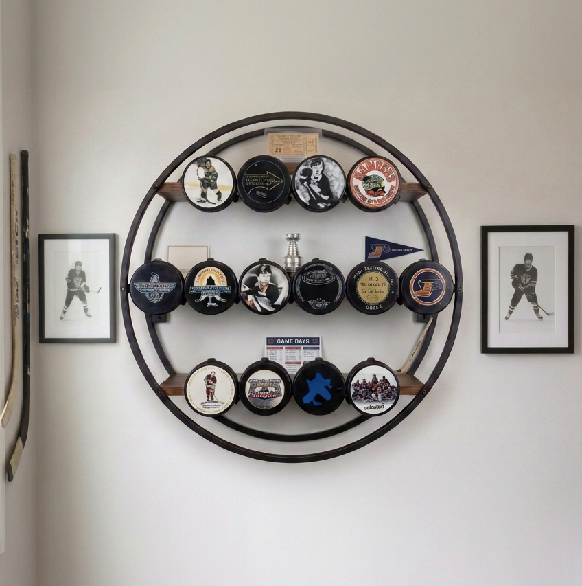 A circular black metal wall display holding 14 hockey pucks and three shelves holding some hockey decor, mounted on a white wall with two framed hockey player prints on either side.