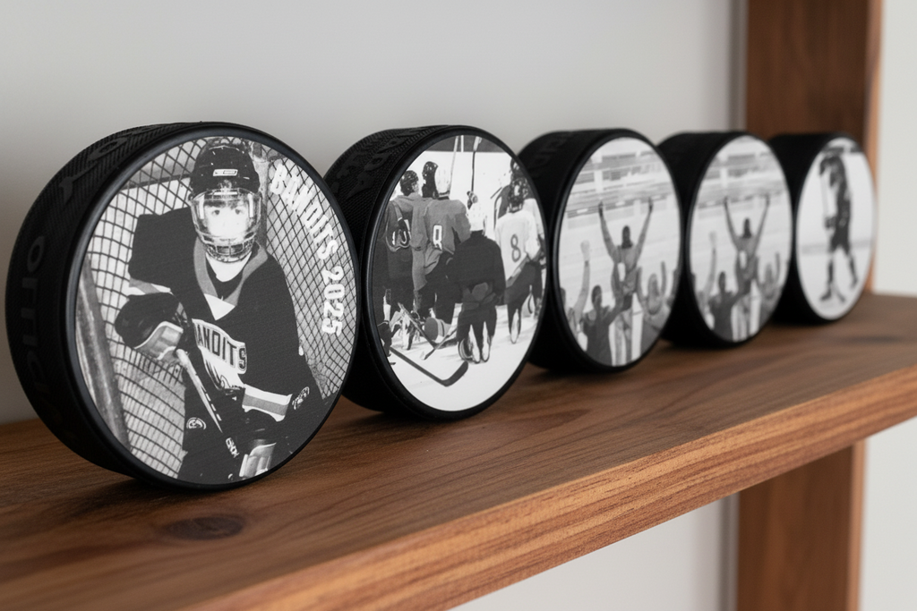 Custom Hockey Dad Gift: Hockey Puck Photo Display, Personalized Photos