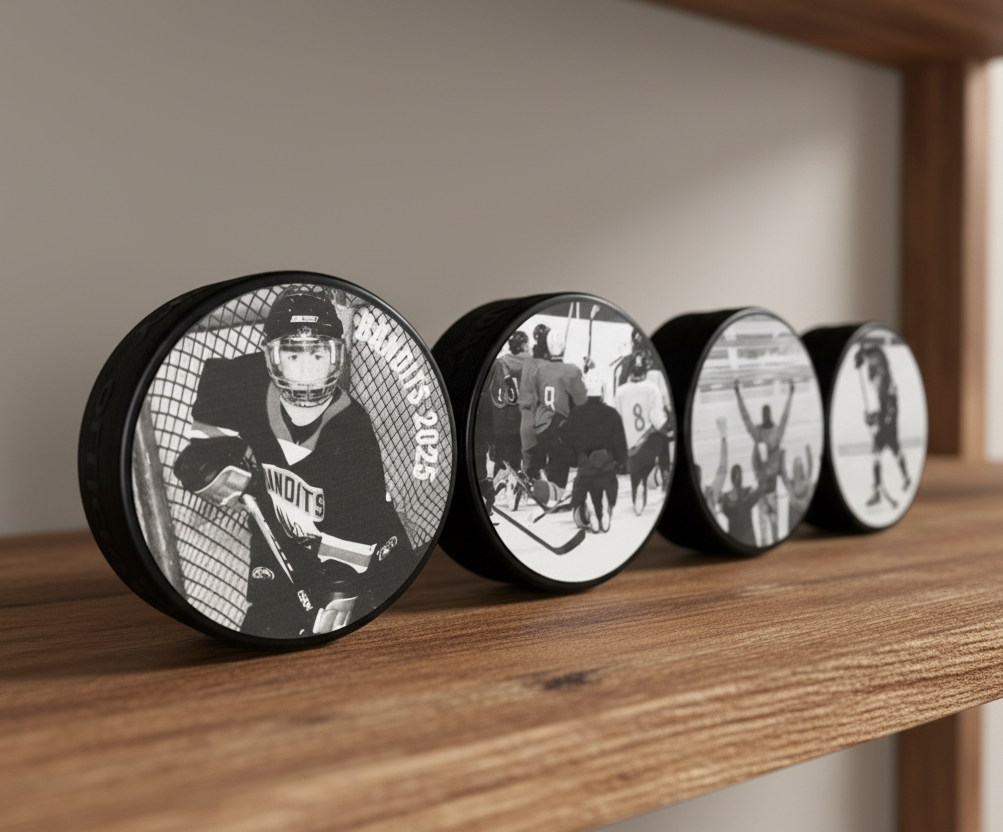 Four connected custom hockey pucks with black-and-white printed photos of hockey players are on a wooden shelf.