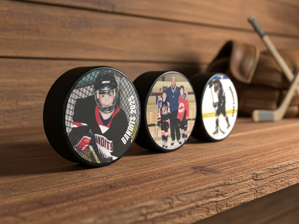 Custom Hockey Dad Gift: Hockey Puck Photo Display, Personalized Photos