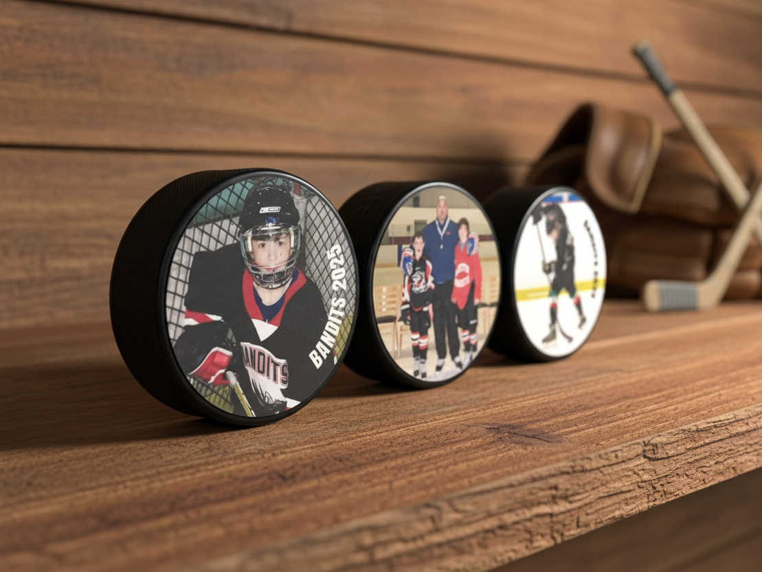Custom Hockey Dad Gift: Hockey Puck Photo Display, Personalized Photos
