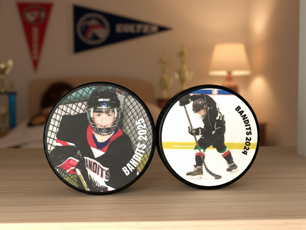 Two connected custom hockey photo pucks displayed on a wooden table in a bedroom setting. Both pucks have custom hockey photos.