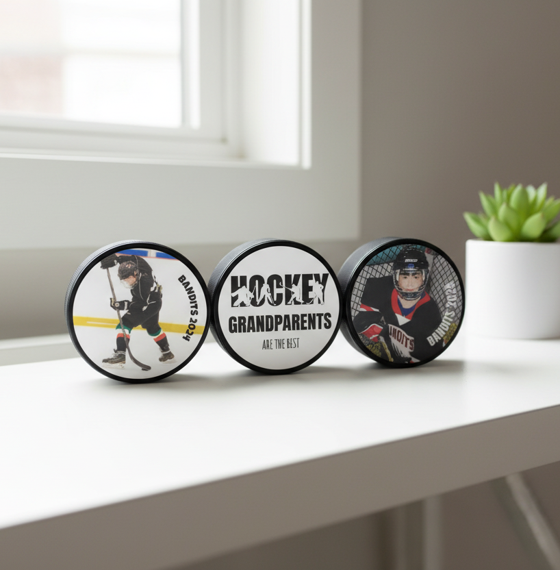 Three connected custom hockey pucks displayed on a white table near a windowsill. The middle puck says "Hockey Grandparents are the best" and the other two pucks have hockey photos on them.