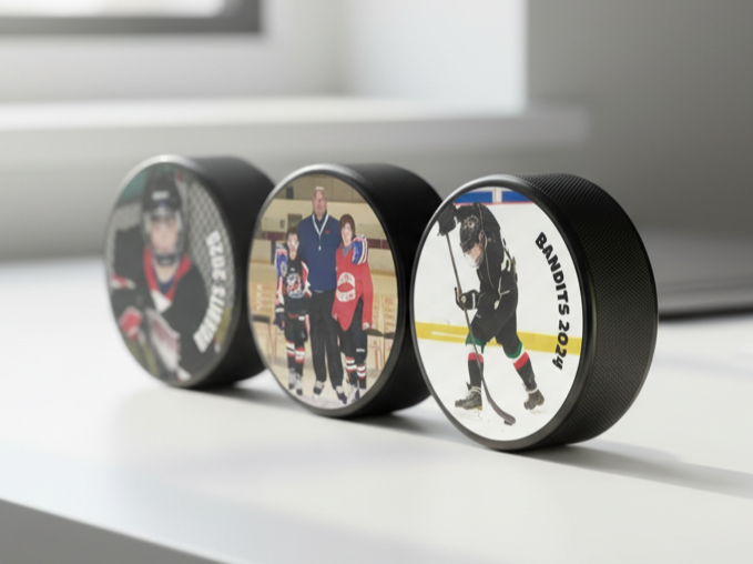 Three connected custom hockey photo pucks displayed on a white surface, featuring printed photos of hockey players.