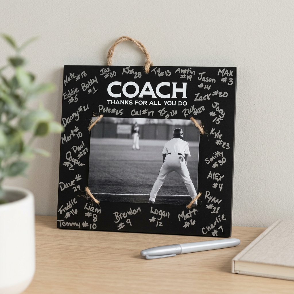 A personalized black chalkboard-style photo frame with a hanging twine loop, shown on a wooden tabletop. The frame is filled with white handwritten names and the word 'COACH Thanks for all you do' at the top, with a central black-and-white baseball photo of a player on a field.