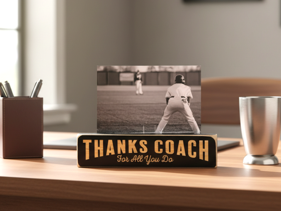 A wooden desk sign with the text 'THANKS COACH For All You Do' in lasered lettering, holding a black-and-white photo of a baseball player, styled on a wooden desk with office props.