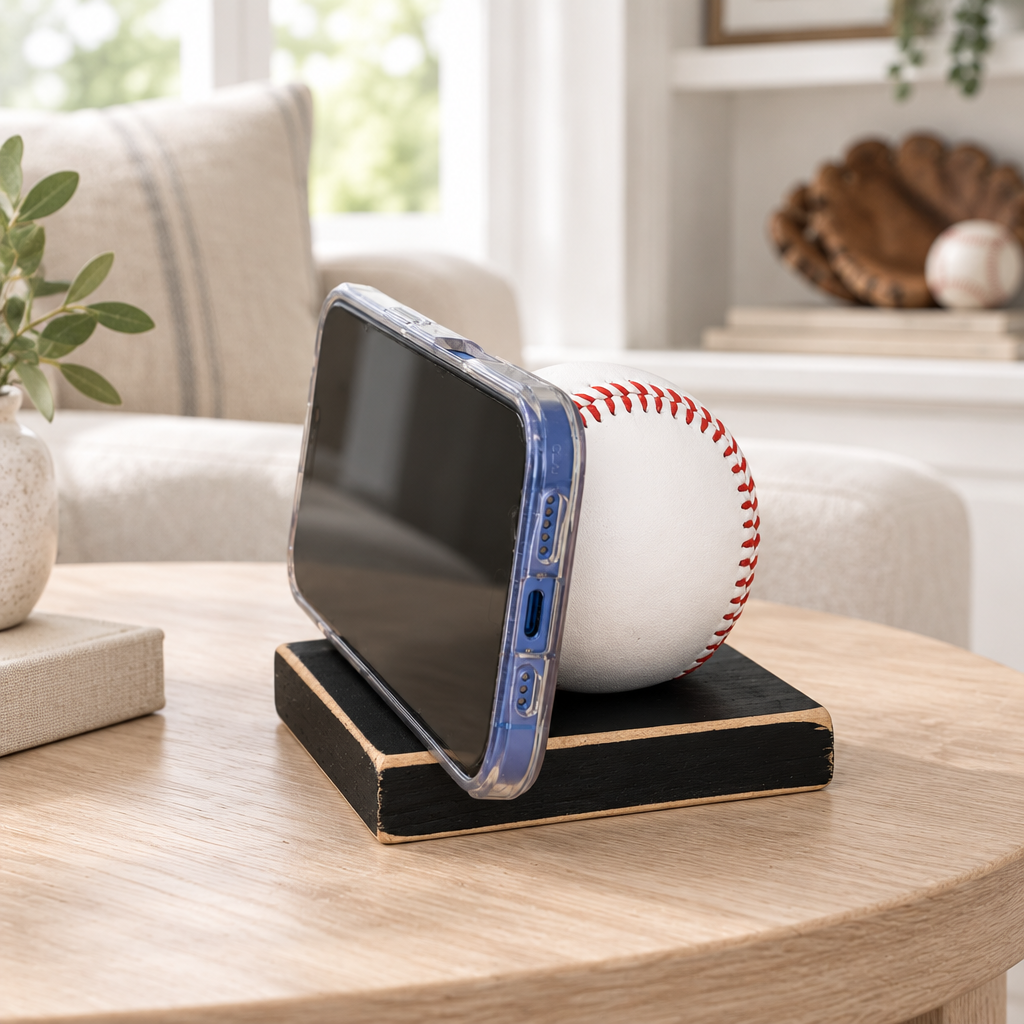 A smartphone in a clear case rests on a black and wood stand shaped like a small box, with a baseball propped behind it, set on a light wood table in a softly blurred living room.