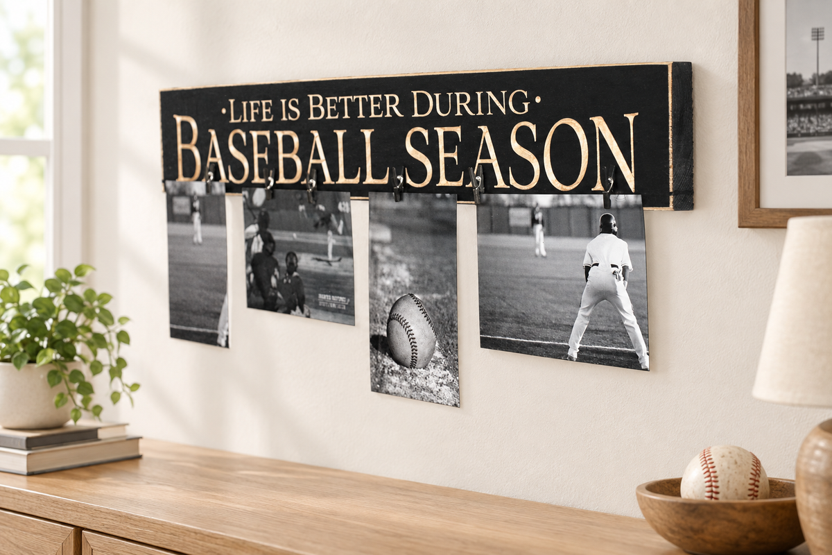 A decorative wall sign reading “LIFE IS BETTER DURING BASEBALL SEASON” in engraved lettering on a black background, hung above a wooden console. Four black-and-white baseball photos are clipped to the sign, and the room includes a plant, books, a lamp, and a bowl with a baseball.