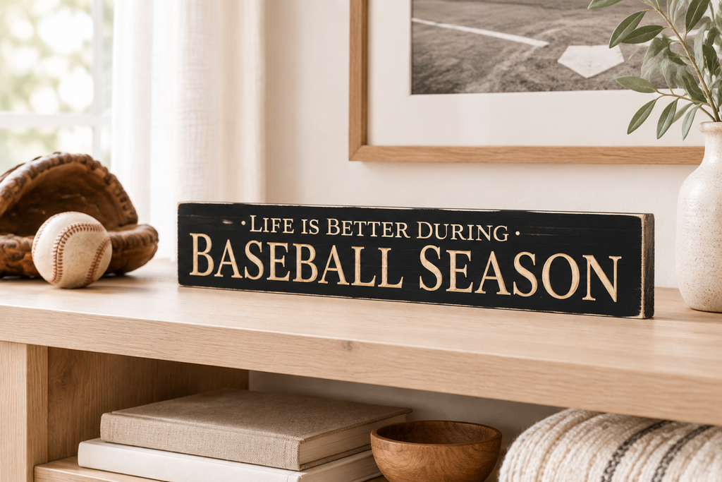 A rectangular black wooden sign with distressed engraved lettering that reads “LIFE IS BETTER DURING BASEBALL SEASON,” displayed on a light wood shelf in a styled home interior with a baseball glove, baseball, framed wall art, and a vase nearby.