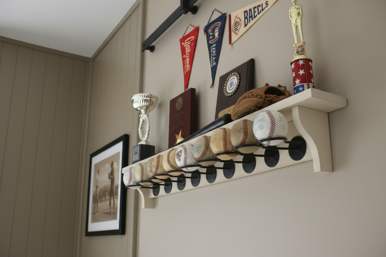 Baseball Shelf Full Greige Room