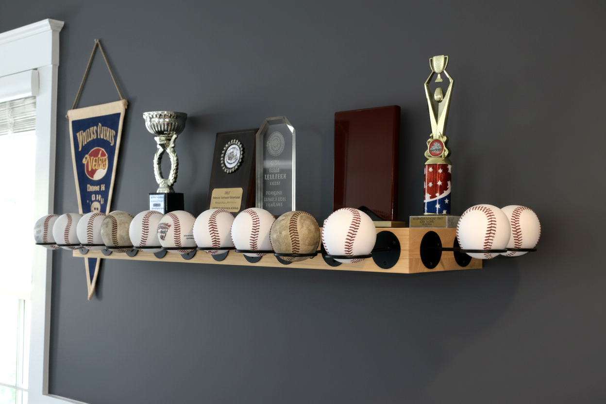 Baseball Trophy Display Shelf with Bat and Medal Holder, Ball Display Rack for Memorabilia, Awards, Trophies and Signed Baseballs