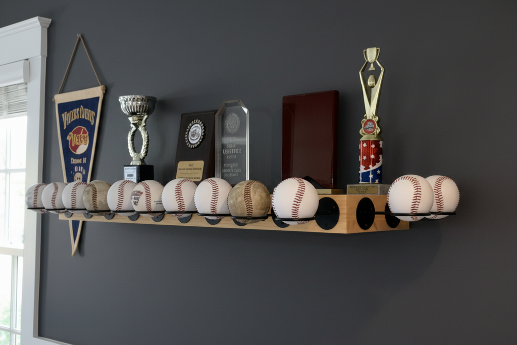 Baseball Trophy Display Shelf with Bat and Medal Holder, Ball Display Rack for Memorabilia, Awards, Trophies and Signed Baseballs