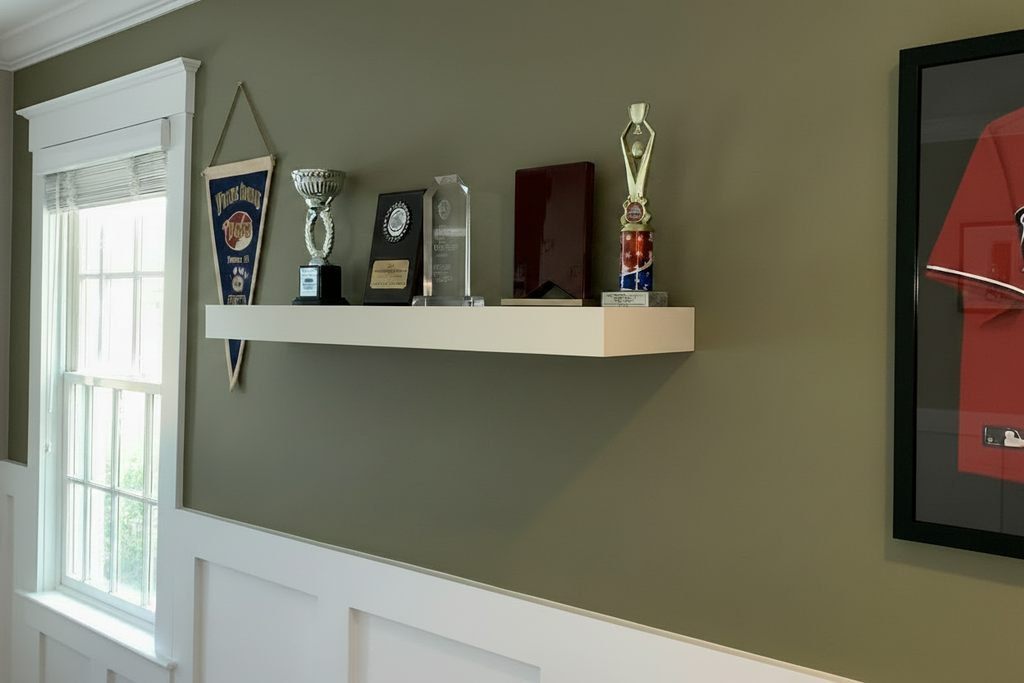 Trophy Shelf: 8" Wide Floating Shelf, Memorabilia, Sports Player Room Decor