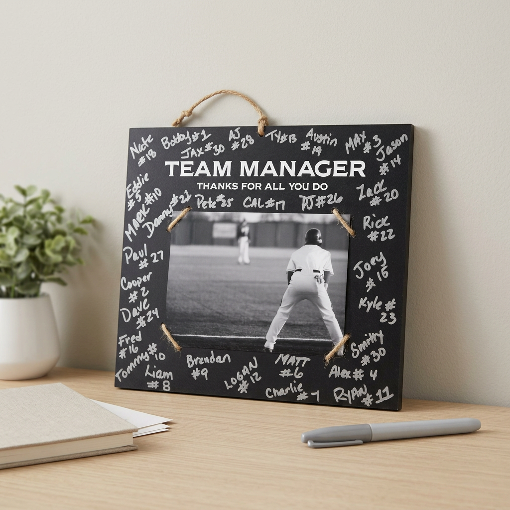 A personalized black chalkboard-style wall plaque with a hanging rope, shown on a wooden desk. The plaque features the text "TEAM MANAGER Thanks for all of you do" and a photo of a basketball court, surrounded by the team's signatures in silver marker.