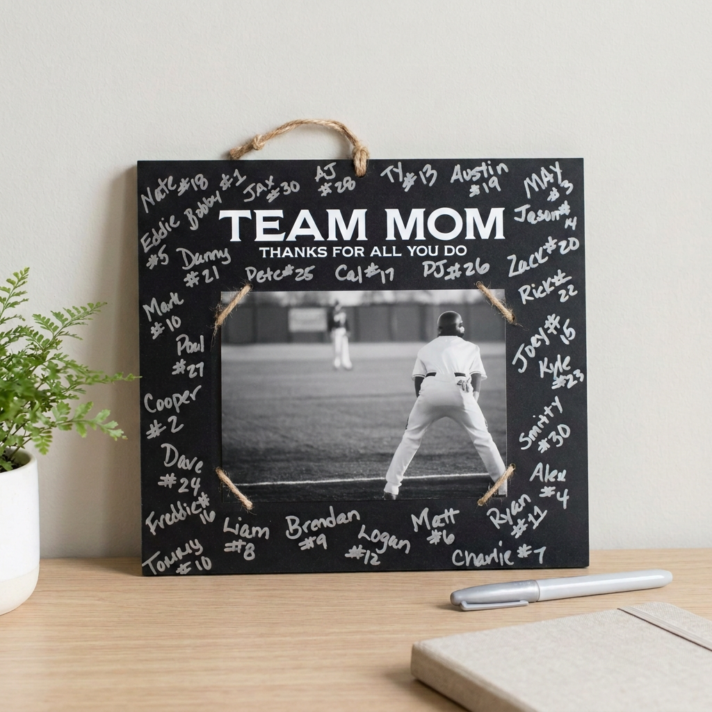 A personalized black chalkboard-style wall plaque hanging on a light wood table, featuring a central black-and-white baseball photo of a batter and white text reading 'TEAM MOM Thanks for all you do' with signatures around the border. A small plant, marker, and notebook are visible nearby.