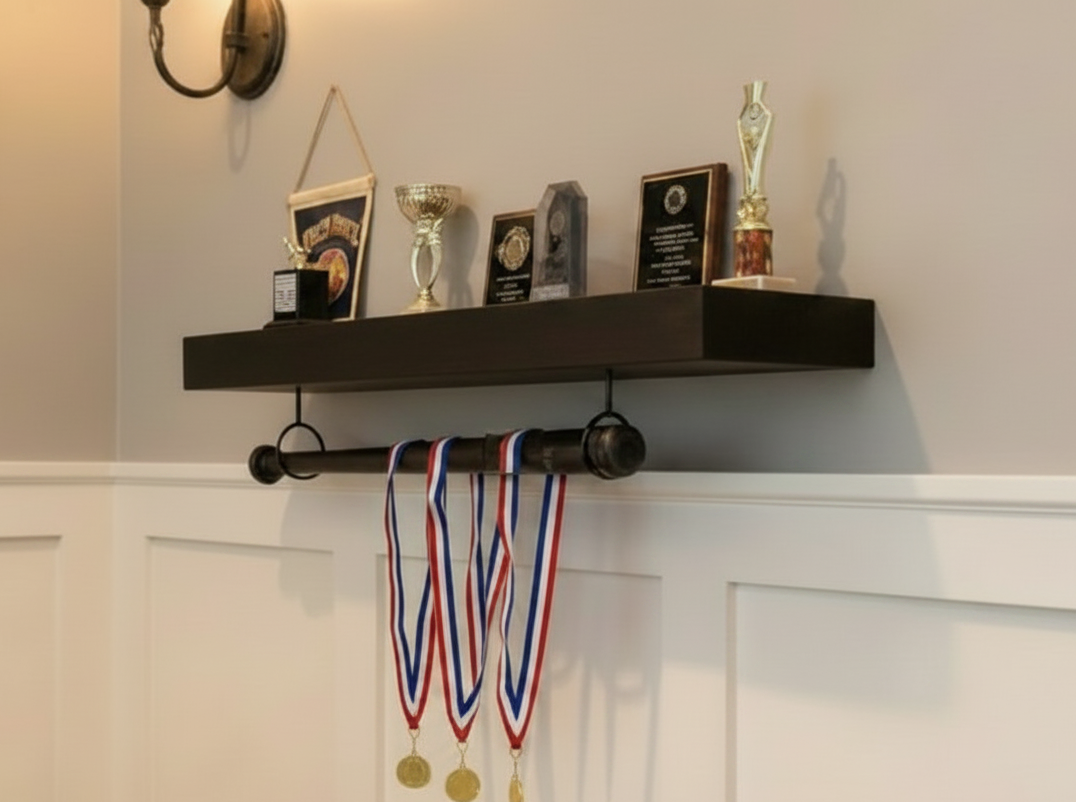 Baseball Trophy Display Shelf with Bat and Medal Holder, Memorabilia, Awards