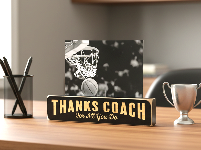 A wooden block sign reading “THANKS COACH For All You Do” in lasered lettering, placed on a wooden desk beside a black-and-white basketball hoop photo, a silver trophy cup, and a pen holder.