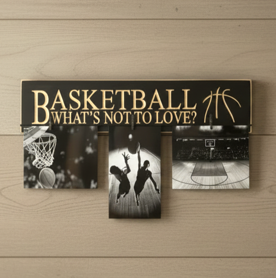 A rectangular black basketball-themed wall sign with carved lettering reading “BASKETBALL WHAT’S NOT TO LOVE?” and gold basketball graphics, mounted on a light wood wall. Three black-and-white basketball photos are clipped or displayed below the sign.