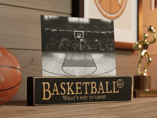 A rectangular black wooden sign with lasered lettering that reads 'BASKETBALL What's not to love!' sits on a wooden surface, holding a black-and-white basketball court photo. A basketball is partly visible on the left, and a gold trophy figure stands on the right in a room setting.