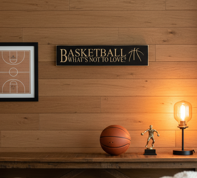 Basketball Sign: Boys Room Decor, Black Distressed Wood