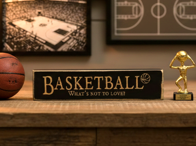 A rectangular black wooden sign with engraved lettering that reads 'BASKETBALL What's Not To Love!' sits on a wooden shelf, flanked by a basketball on the left and a small gold trophy on the right, with framed sports artwork in the background.