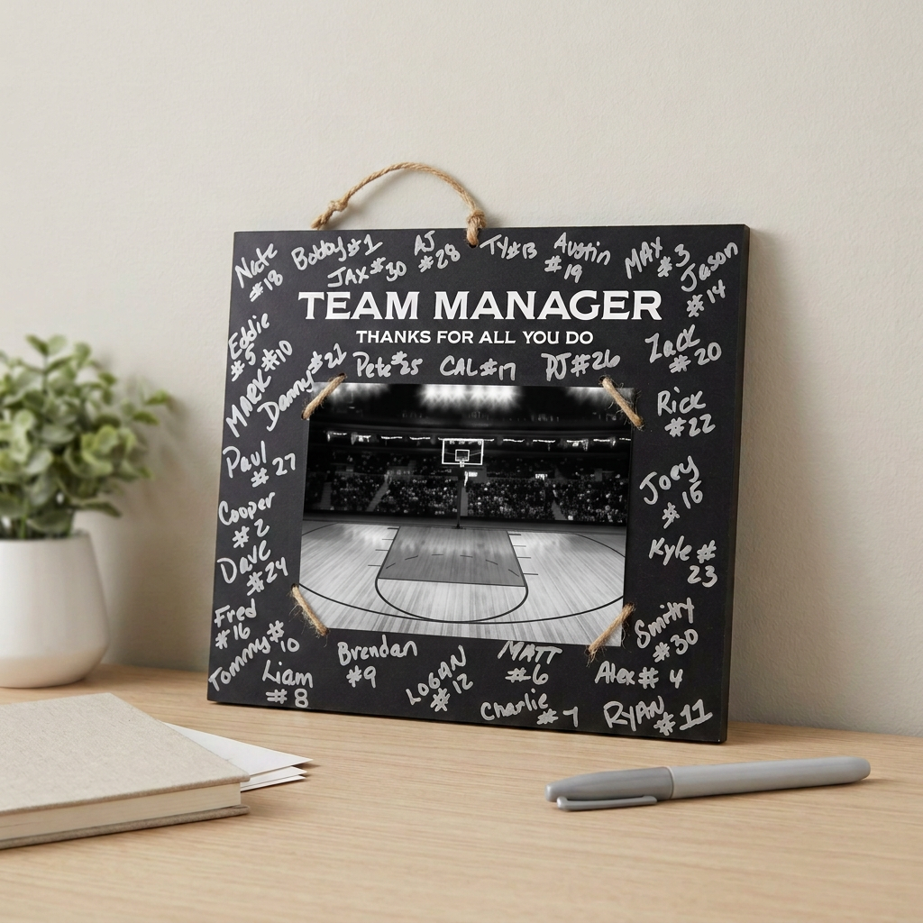 A personalized black chalkboard-style wall plaque with a hanging rope handle, shown on a wooden desk. The plaque features the text 'TEAM MANAGER Thanks for all you do' and a central black-and-white photo of a basketball court, surrounded by white handwritten player names.