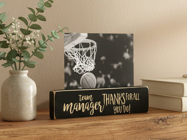 A rectangular black wooden sign with lasered lettering that reads 'team manager THANKS FOR ALL YOU DO!' sits on a wooden shelf beside a vase with greenery and a black-and-white basketball hoop photo card.