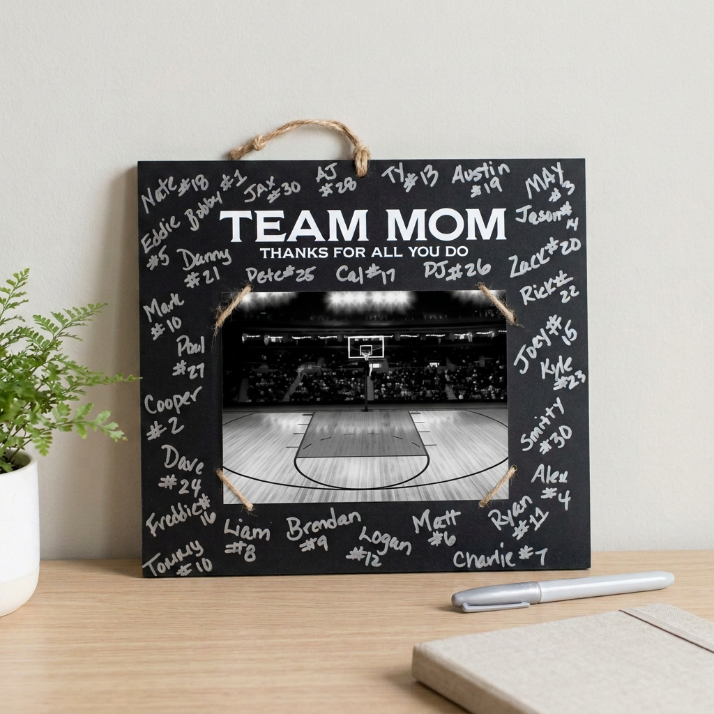 A personalized black square plaque with the words 'TEAM MOM Thanks for all you do' and a rustic twine hanger, featuring a basketball court photo in the center and white handwritten names around the border, styled on a wooden tabletop with a plant and pen.