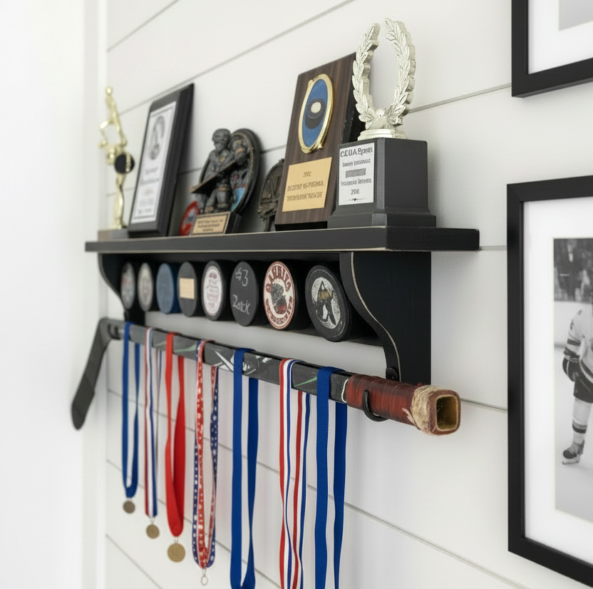 A black wall-mounted hockey memorabilia shelf and stick display holding framed photos, trophies, hockey pucks, and multiple medal ribbons against a white shiplap wall.