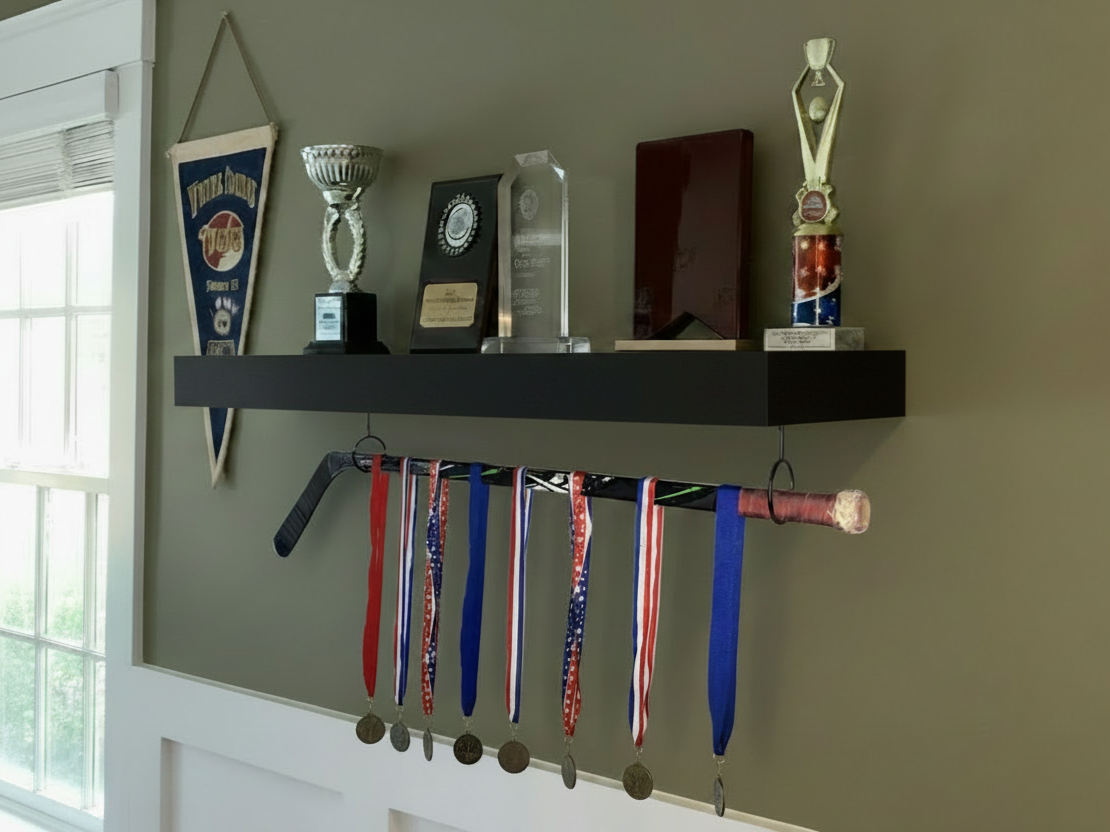 Hockey Puck Display Trophy Shelf: 8" Wide Floating Shelf, Memorabilia, Hockey Player Room Decor