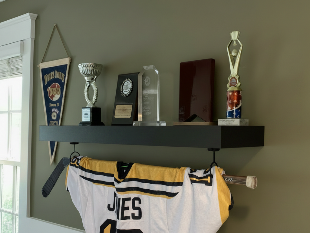 Hockey Puck Display Trophy Shelf: 8" Wide Floating Shelf, Memorabilia, Hockey Player Room Decor