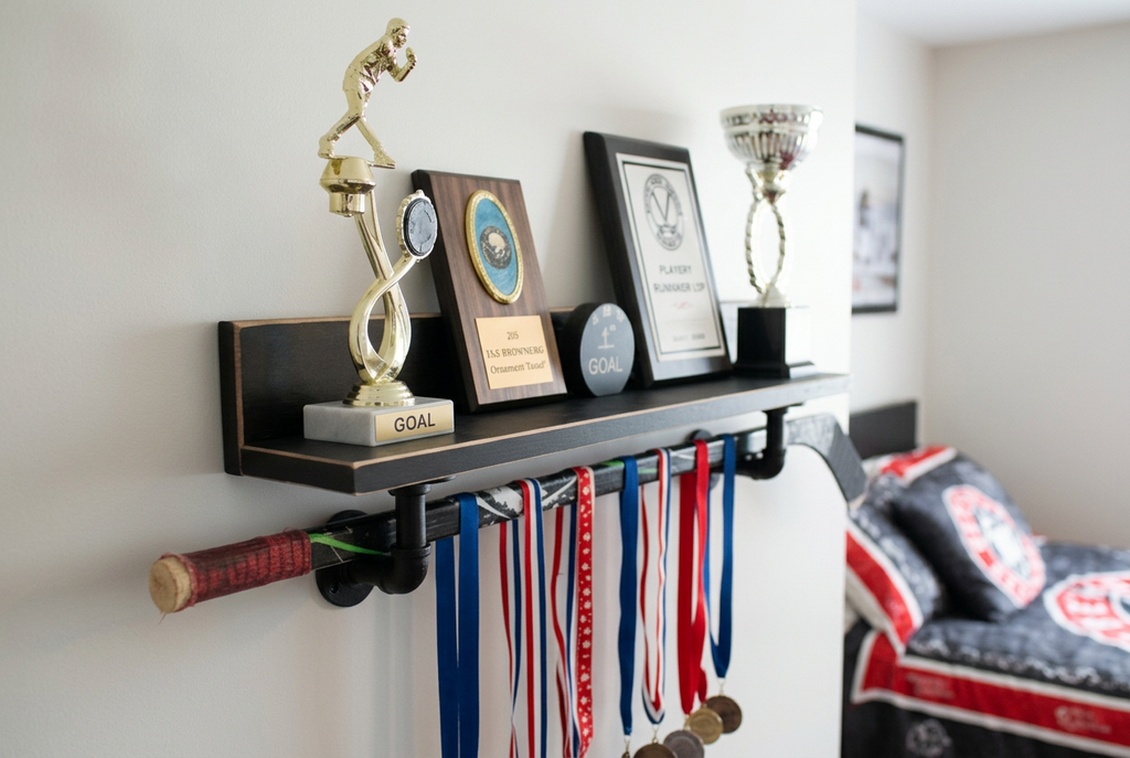 A wall-mounted black shelf and hockey stick rack holding several sports trophies, framed awards, and multiple red, white, and blue medals, shown in a bedroom setting.