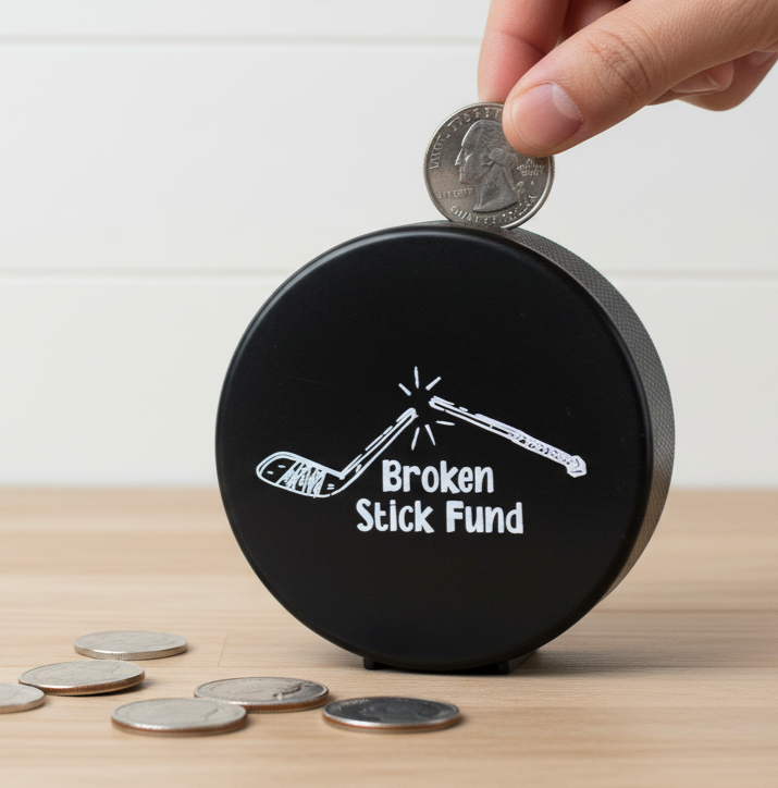 A hockey puck bank with a white graphic of two broken sticks and the text 'Broken Stick Fund.' A hand is placing a coin into the top opening, and several coins rest on a light wood surface in front.