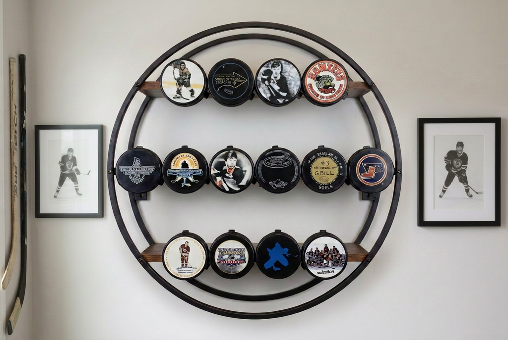 Round Hockey Puck Display 3 Tier Shelf: Holds 14 Pucks, Hockey Player, Fan, Mom, Dad, Coach Gift