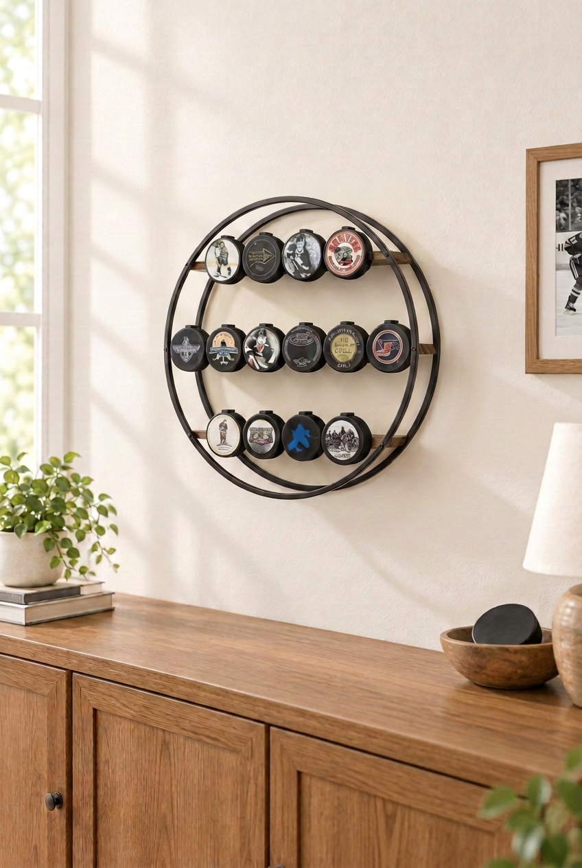Round Hockey Puck Display 3 Tier Shelf: Holds 14 Pucks, Hockey Player, Fan, Mom, Dad, Coach Gift