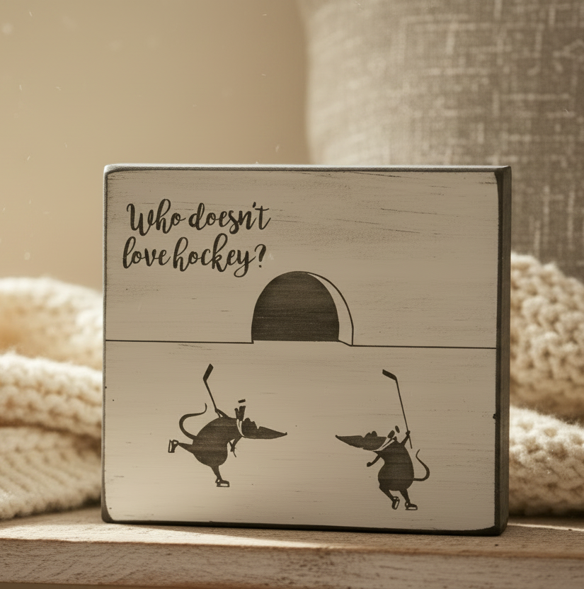 A square wooden block sign with a distressed cream finish, featuring the text 'Who doesn't love hockey?' and black silhouettes of two hockey players in front of a hockey goal. The sign is displayed on a wooden surface with a cozy, neutral background.
