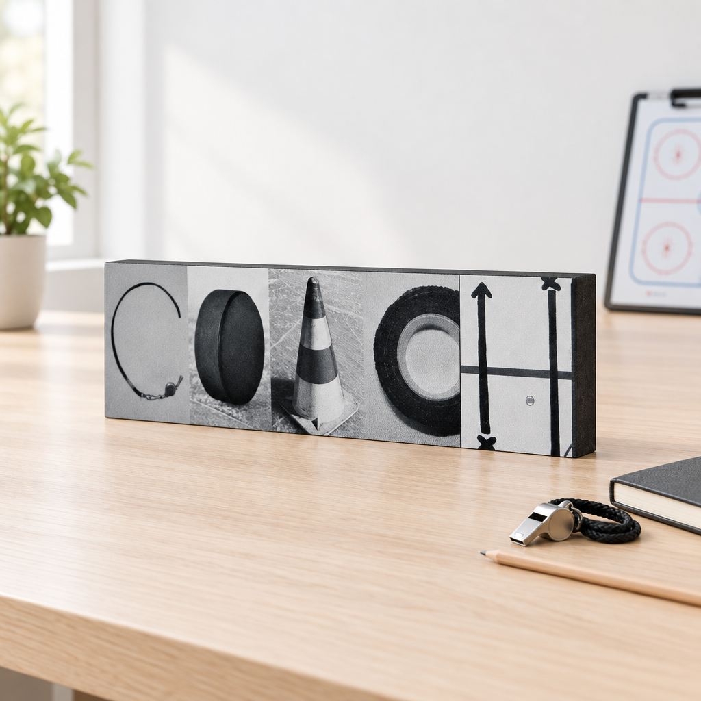 A rectangular black-and-white art print sign, spelling out the word "COACH" using hockey coach photos. This is sitting on a light wood desk with a whistle, pencil, and notebook nearby.