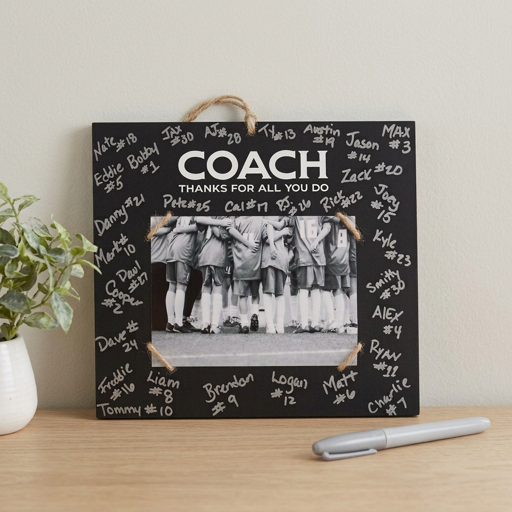 A personalized black chalkboard-style wall plaque with a hanging rope, featuring the word 'COACH' at the top and a black-and-white photo of a sports team in the center. The board is filled with white handwritten names and messages, shown on a wooden tabletop with a potted plant and a markert nearby.