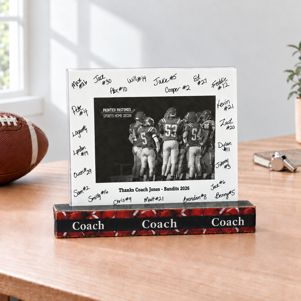 A personalized football-themed picture frame stand on a wooden table, surrounded by sports props like a football, whistle, and plant. The white frame is signed in black marker with player names and numbers, featuring a black-and-white photo of football players and the text 'Thanks Coach Jones - Bandits 2026'.