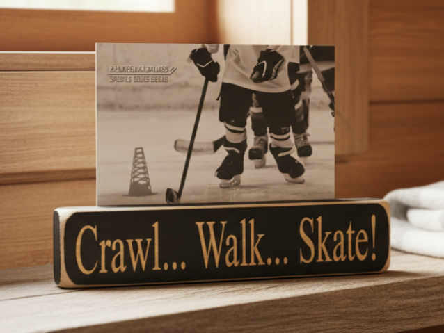A wooden photo sign with the words "Crawl... Walk... Skate!"