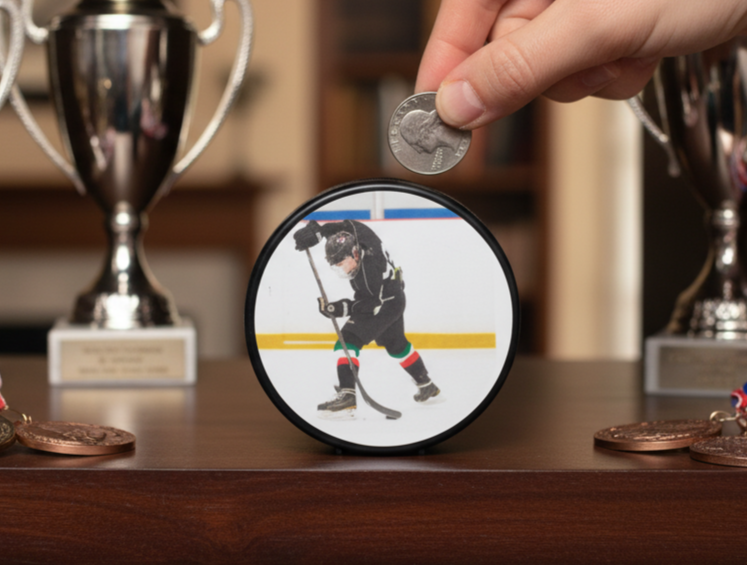 A  hockey puck bank on a wooden shelf, featuring a custom printed hockey player. A hand is holding a silver coin above it, with silver and bronze trophies blurred in the background.
