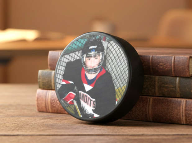 Custom Hockey Dad Gift: Hockey Puck Photo Display, Personalized Photos