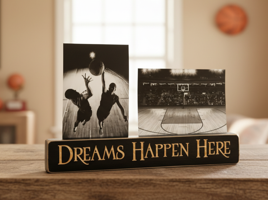 A decorative wooden sign on a tabletop with the phrase “DREAMS HAPPEN HERE” in carved lettering, holding two black-and-white basketball-themed photos in a softly lit indoor setting.